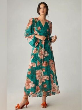 Anthropologie Hutch Lindie V-Neck Textured Wrap Dress Size XS Burnout Teal Party